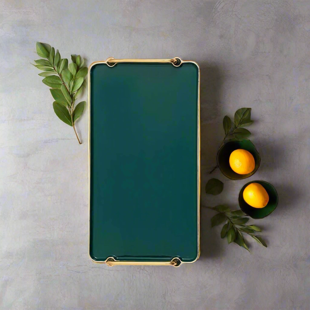 Green serving Tray on a table with fruit on the side