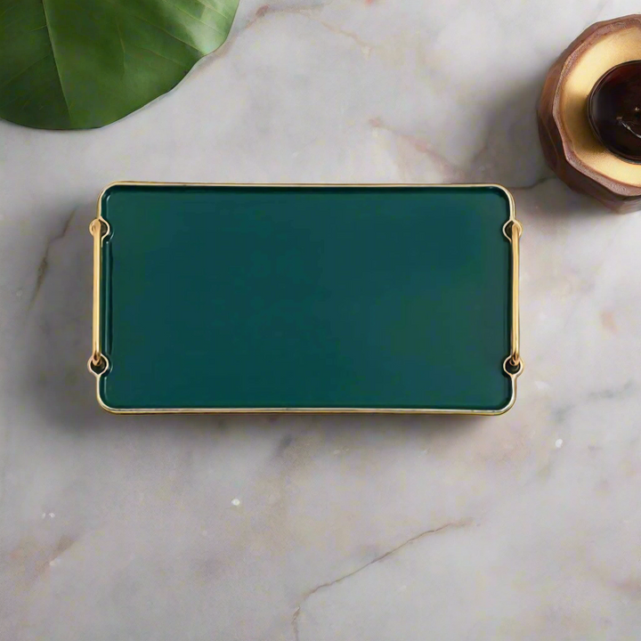 Green serving Tray on a marble table 