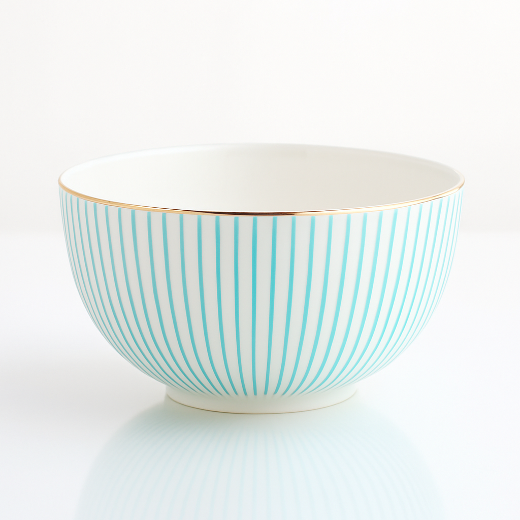 Elegant turquoise striped bone china bowl with gold rim – Alba Royal Dinnerware by KitchBoom