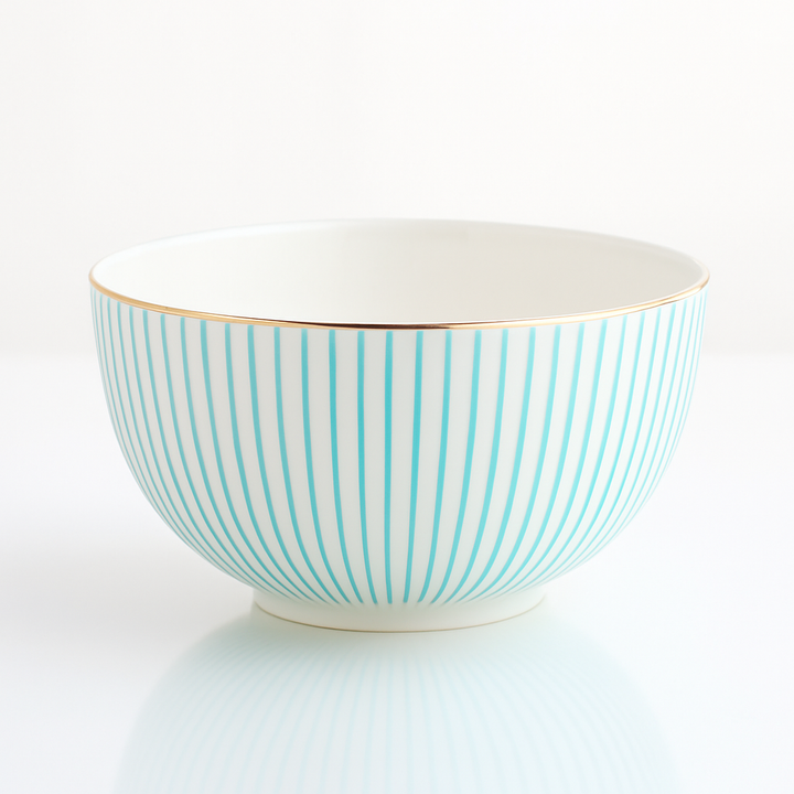 Elegant turquoise striped bone china bowl with gold rim – Alba Royal Dinnerware by KitchBoom