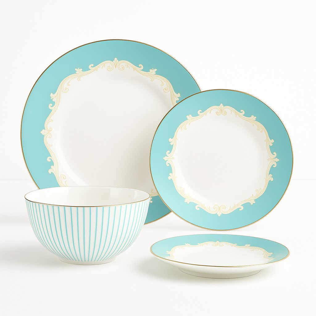 Alba Royal Bone China Dinner Set with turquoise and gold detailing – luxury 16 or 24 piece dinnerware