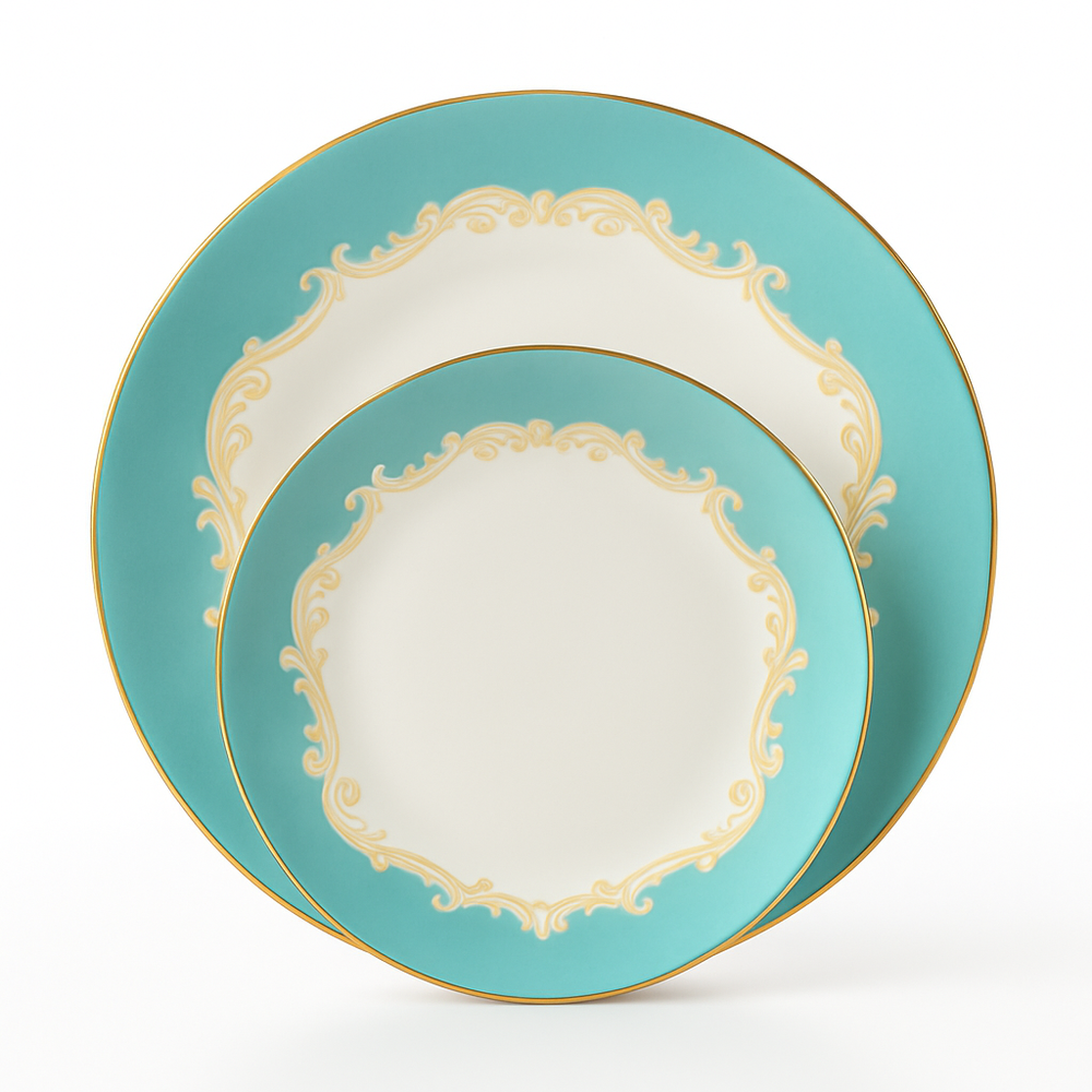 Elegant turquoise and gold bone china dinner plates from the Alba Royal set – luxury dinnerware by KitchBoom