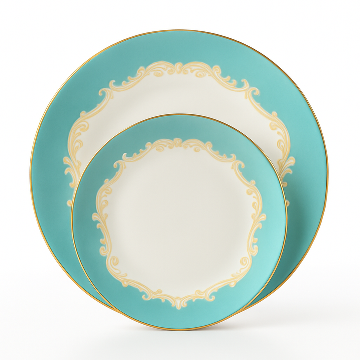 Elegant turquoise and gold bone china dinner plates from the Alba Royal set – luxury dinnerware by KitchBoom