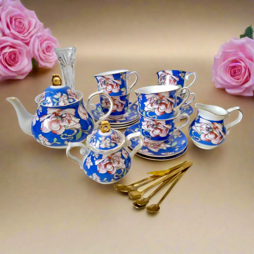 Warwickshire Royal Bone China Tea Set with Blue and Pink Floral Design and Gold Detailing