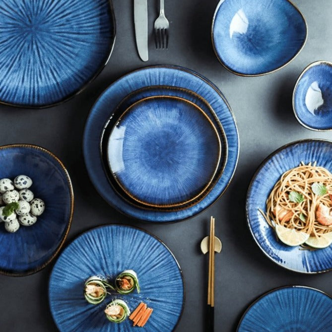 Chic Blue Porcelain Plates and Bowls Set with Food