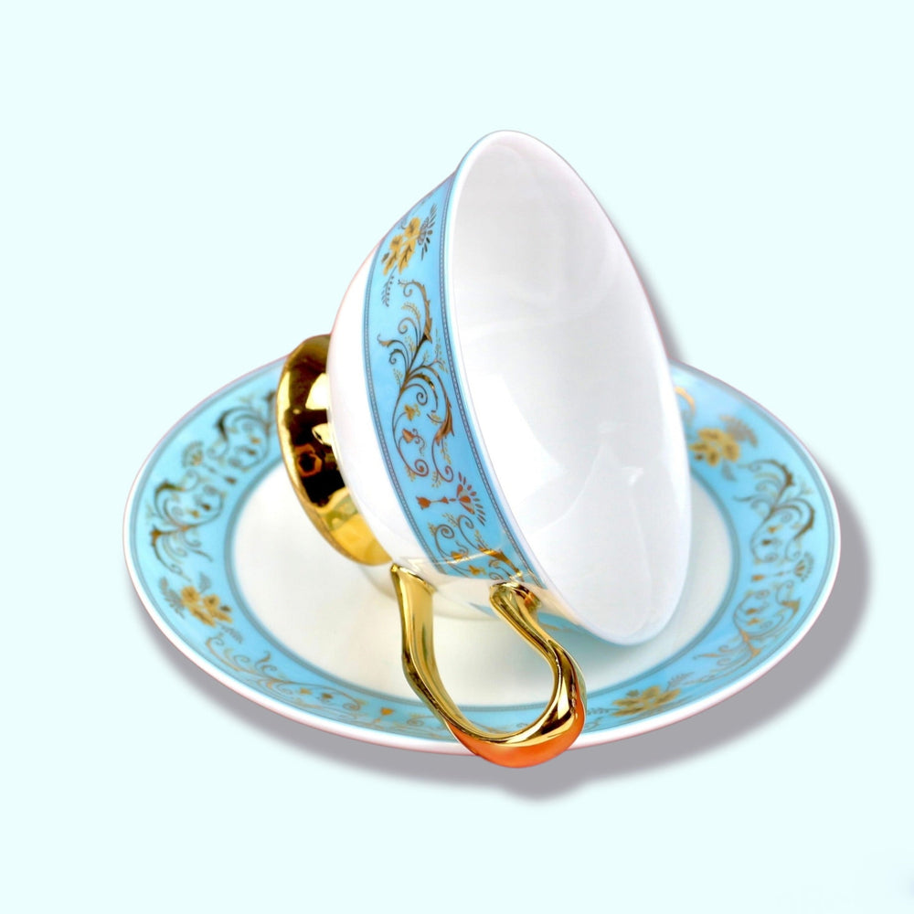Close-up of Azure Vine Bone China Teacup featuring intricate vine pattern and gold detailing