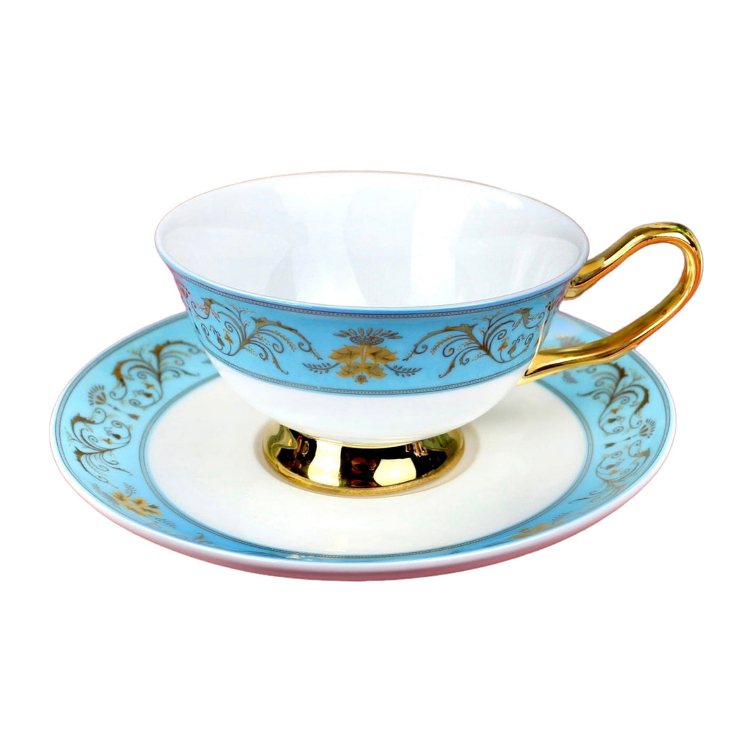 Azure Vine Bone China Teacup and Saucer with Gold Accents